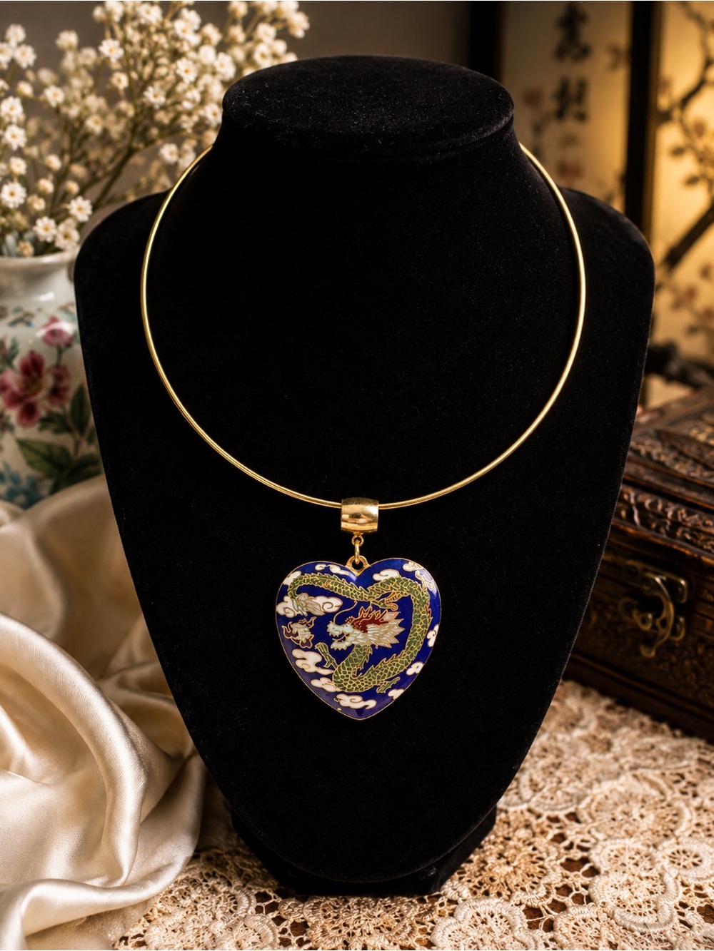 Vintage Gold Tone Collar Necklace Blue Cloisonné Dragon Heart Pendant Statement
